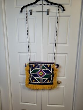Boho Kilim Style Handwoven Geometric Crossbody Bag - Fringe & Pom Poms EUC